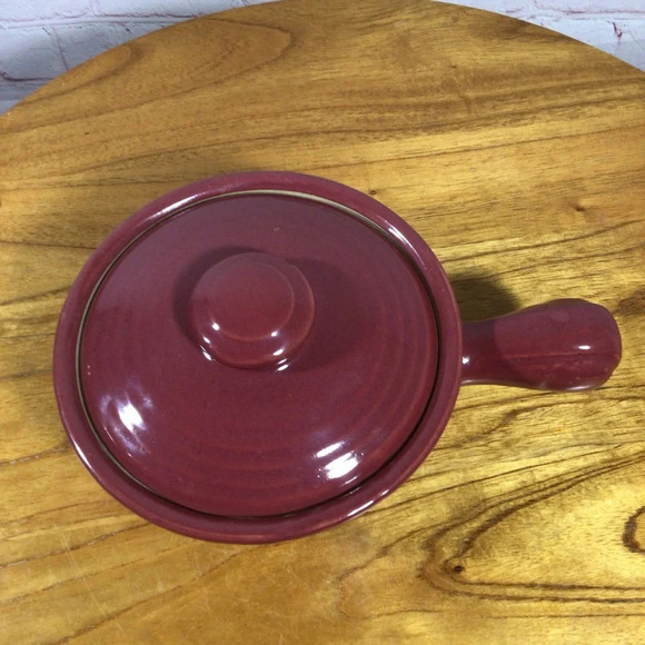 Vintage Bauer Ringware Cranberry Ceramic Soup Chowder Chili Handled Crock Bowl - Picture 6 of 9